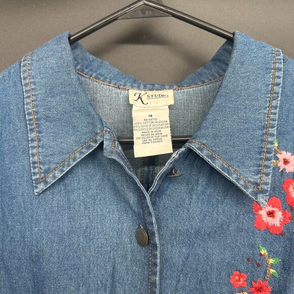 Vintage K Studio Plus Size 14 Denim Embroidered Floral Open Back Button Up Shirt - Picture 13 of 14